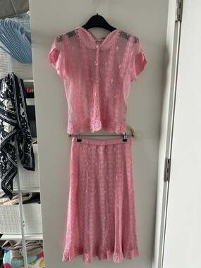 Vintage Lim's Pink Crochet Lace Two-Piece Skirt and Top Set